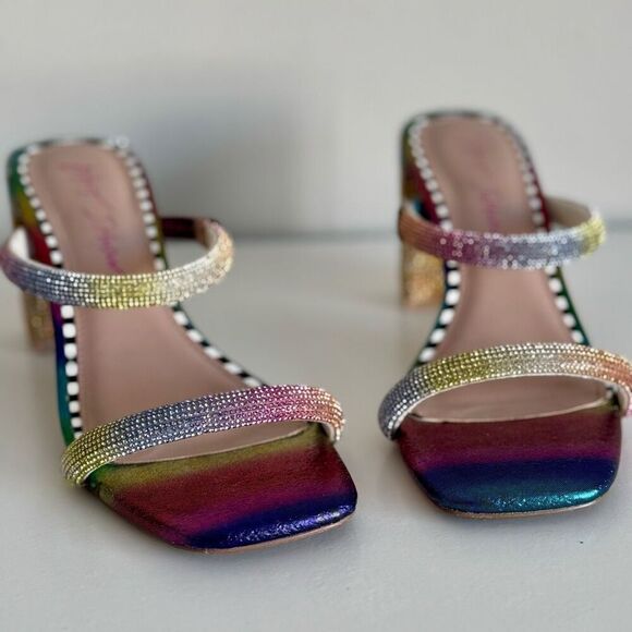 Betsey Johnson Rainbow Rhinestones Sparkly Heel Mules Size 6 - Picture 8 of 11